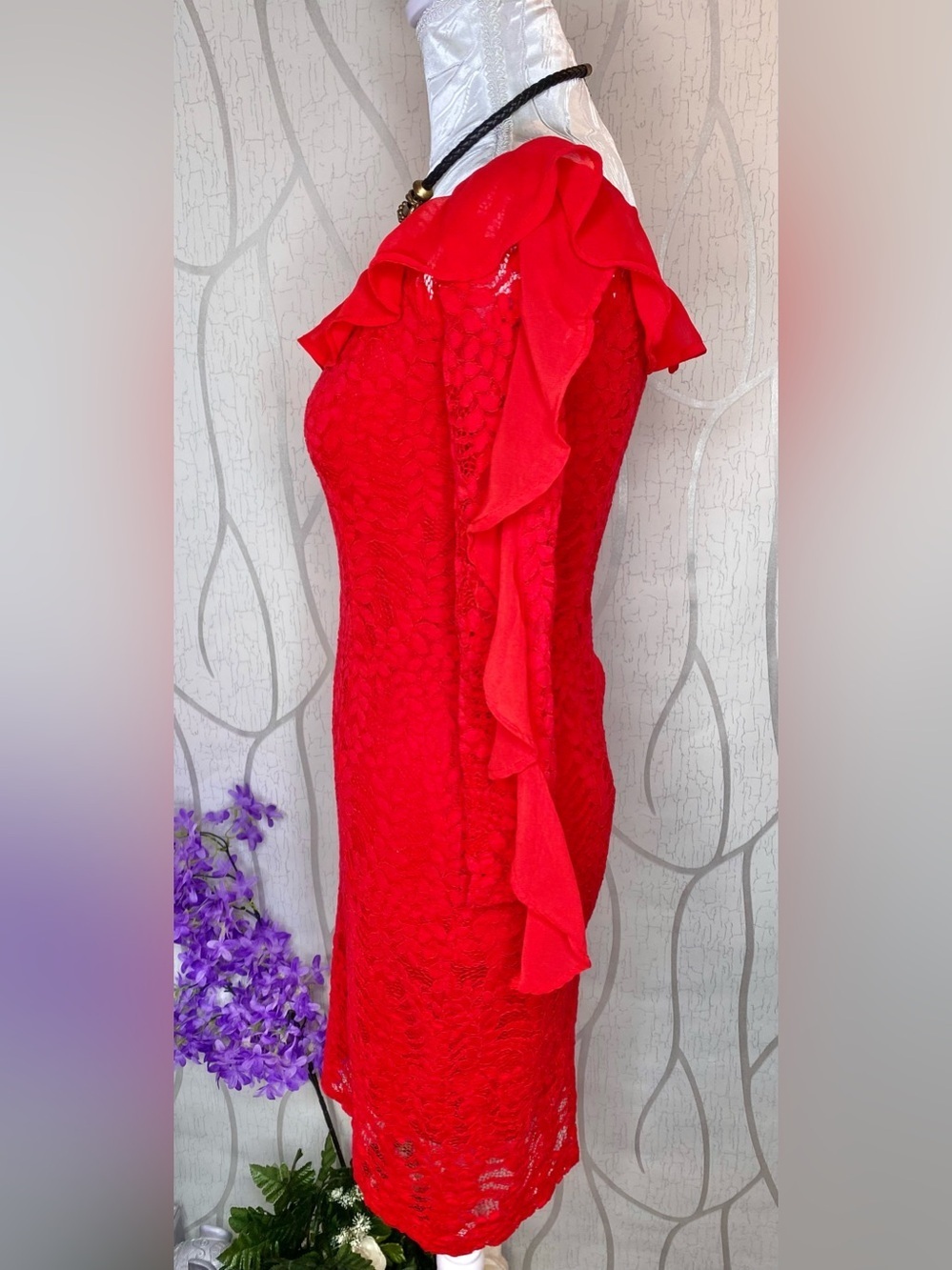 🌹Sexy Vibrant Red Lace Off Shoulder Dress with Chiffon Ruffle Trim 🌹 CBR - Picture 9 of 11